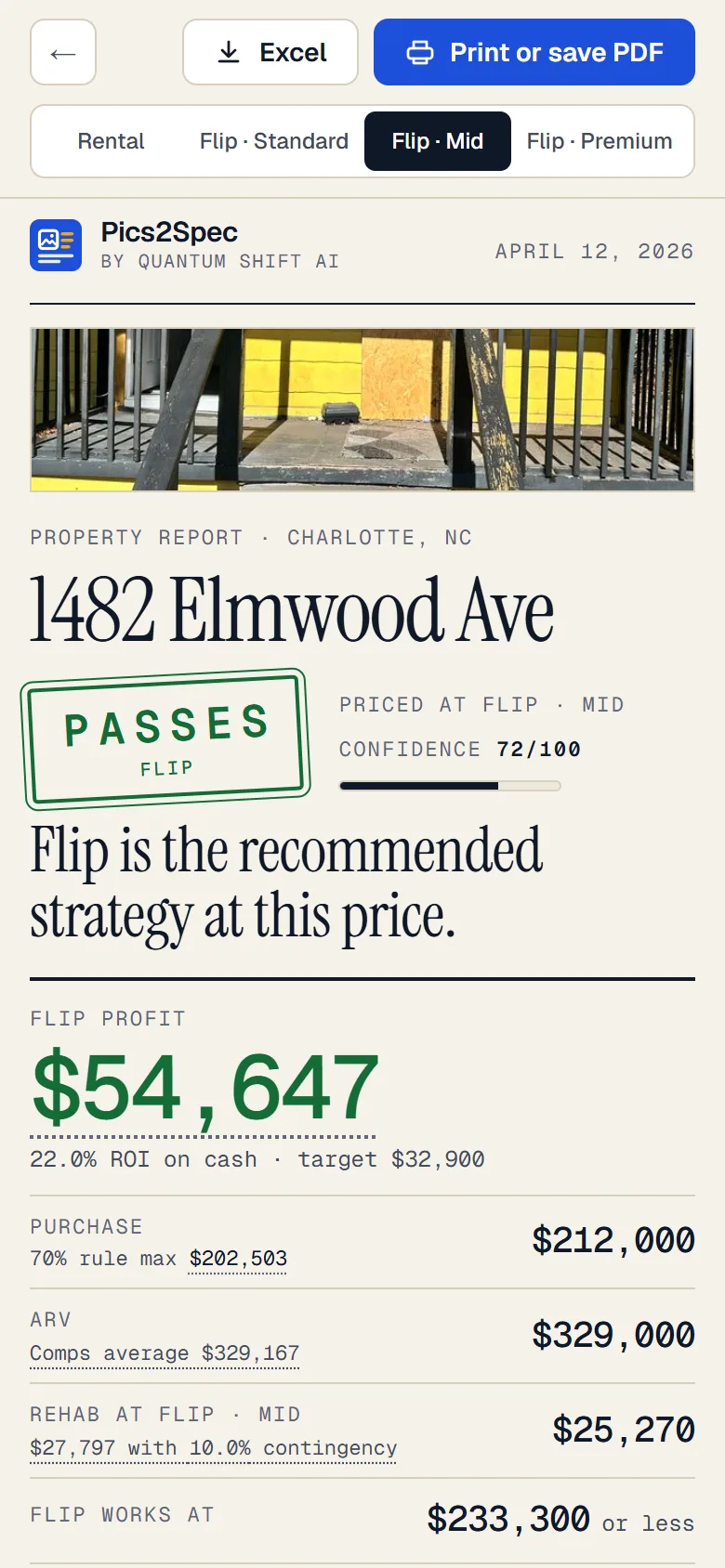 The shared Pics2Spec report for 1482 Elmwood Ave on a phone: Flip passes, $54,647 flip profit
